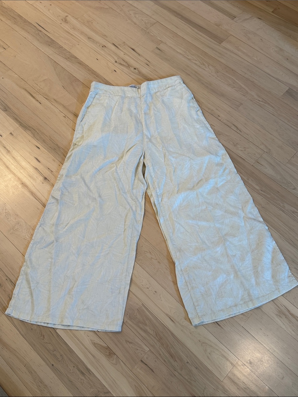 Nicole Miller 100% Linen Cream Palm Wide Leg Cropped Pants-L-Summer-Vacation